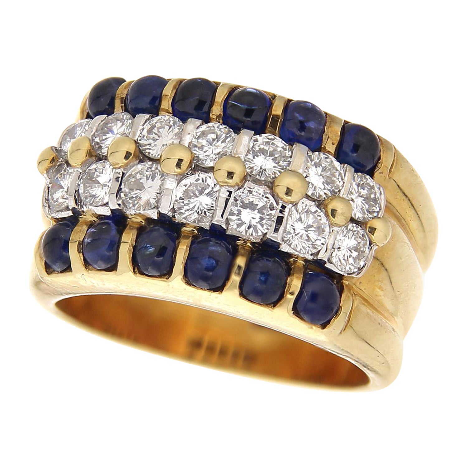 18Kt Yellow Gold Ring White Diamonds 1.10 ct & Cabochon-Cut Blue Sapphires 2.04