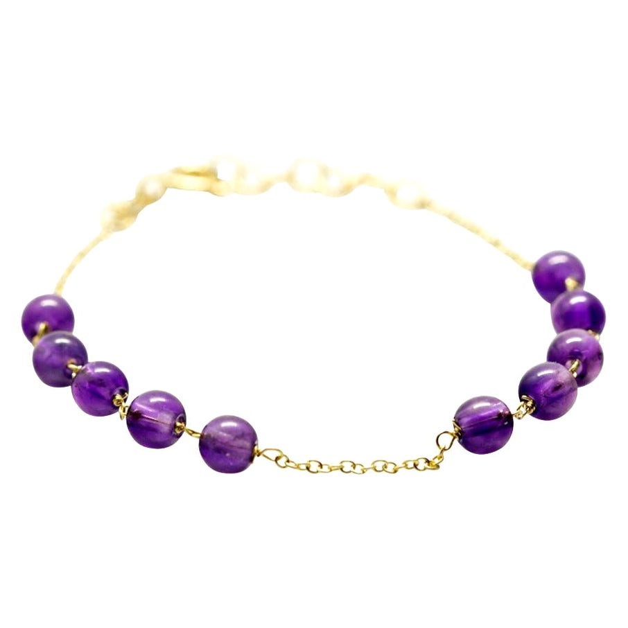 Intini Jewels 18 Karat Gold Chain Amethyst Round Purple Deco Cocktail Bracelet For Sale