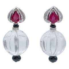 Rock Crystal, Rubies, Onyx, Diamonds, 14 Karat White Gold Earrings