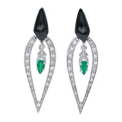 Emeralds, Diamonds, Onyx, 14 Karat White Gold Earrings