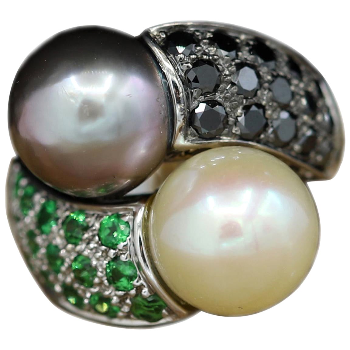 Tahitian Pearl Ring 18 Karat White Gold Tahitian and South Sea Double Pearl Ring For Sale