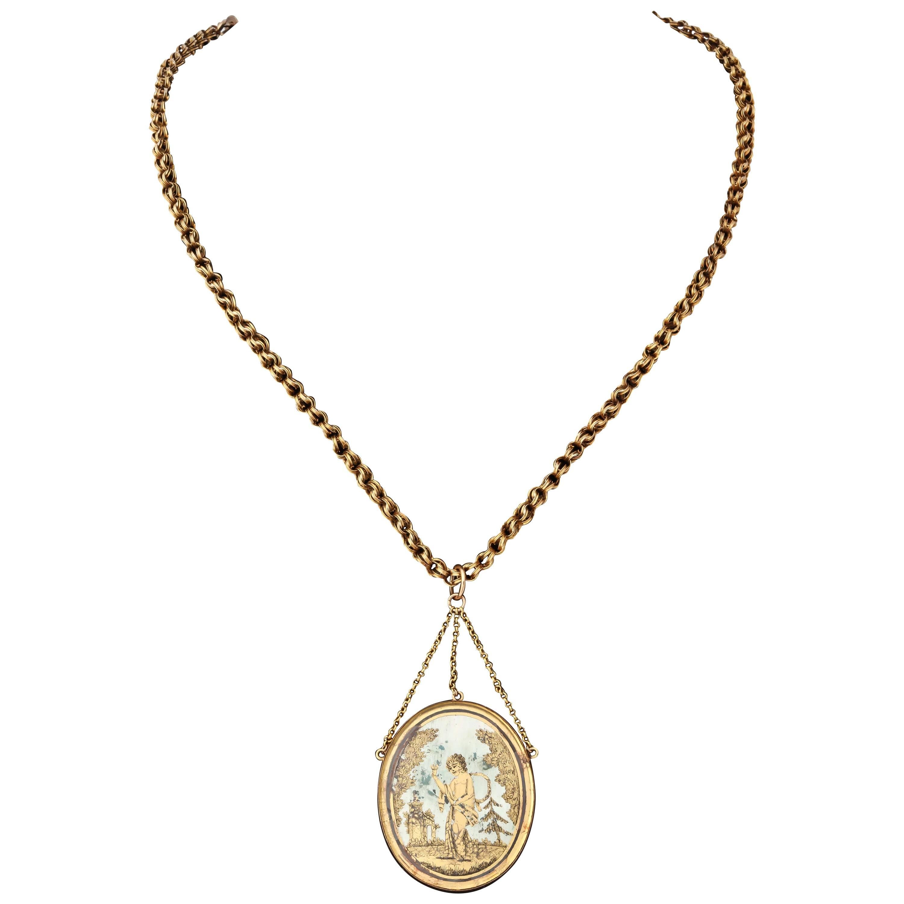 1810s French Napoleonic Era 18k Gold Leaf on Glass Pendant, Paris For Sale