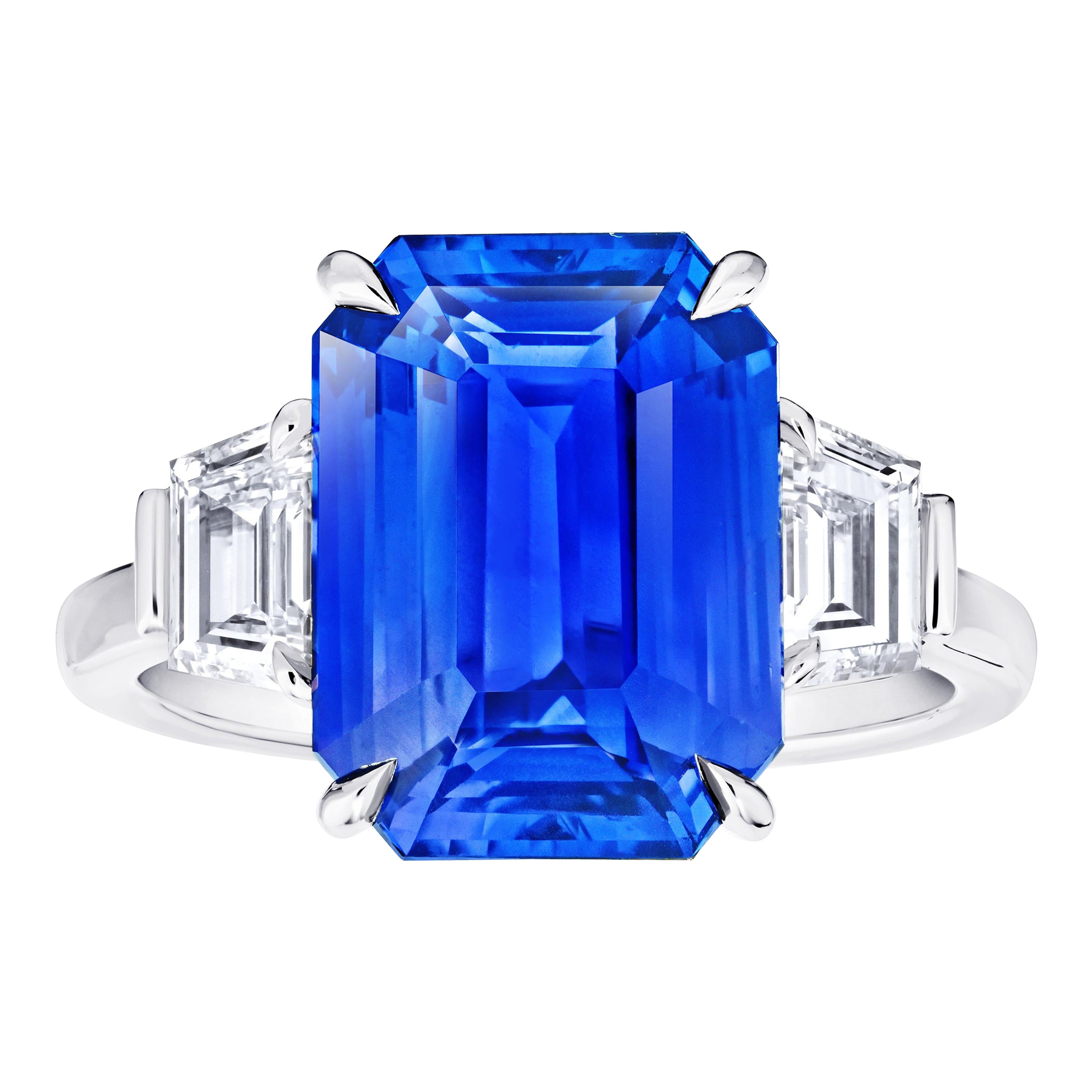 6.60 Carat Emerald Blue Sapphire and Diamond Platinum Ring For Sale