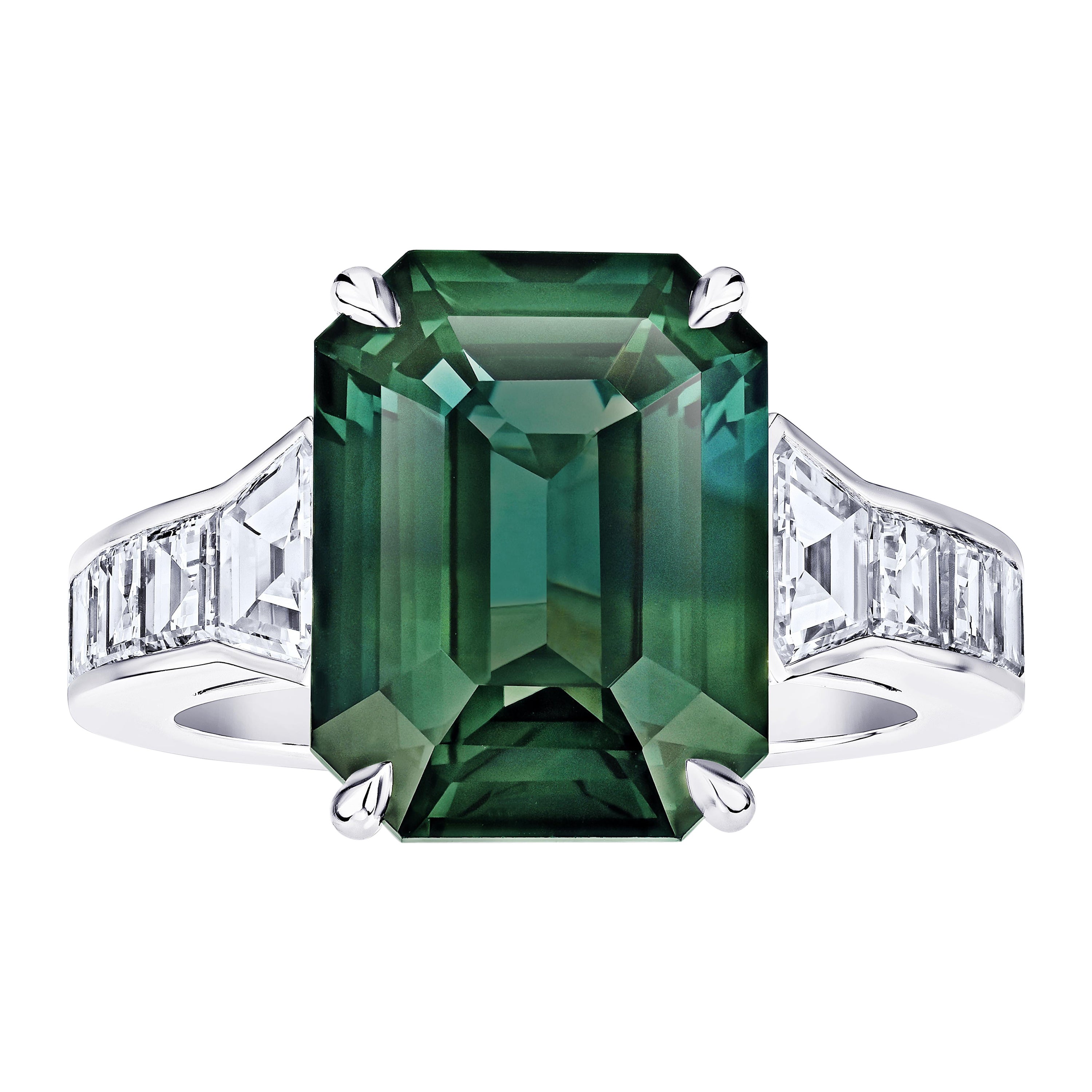 8.61 Carat Emerald Cut Green Sapphire and Diamond Platinum Ring For Sale