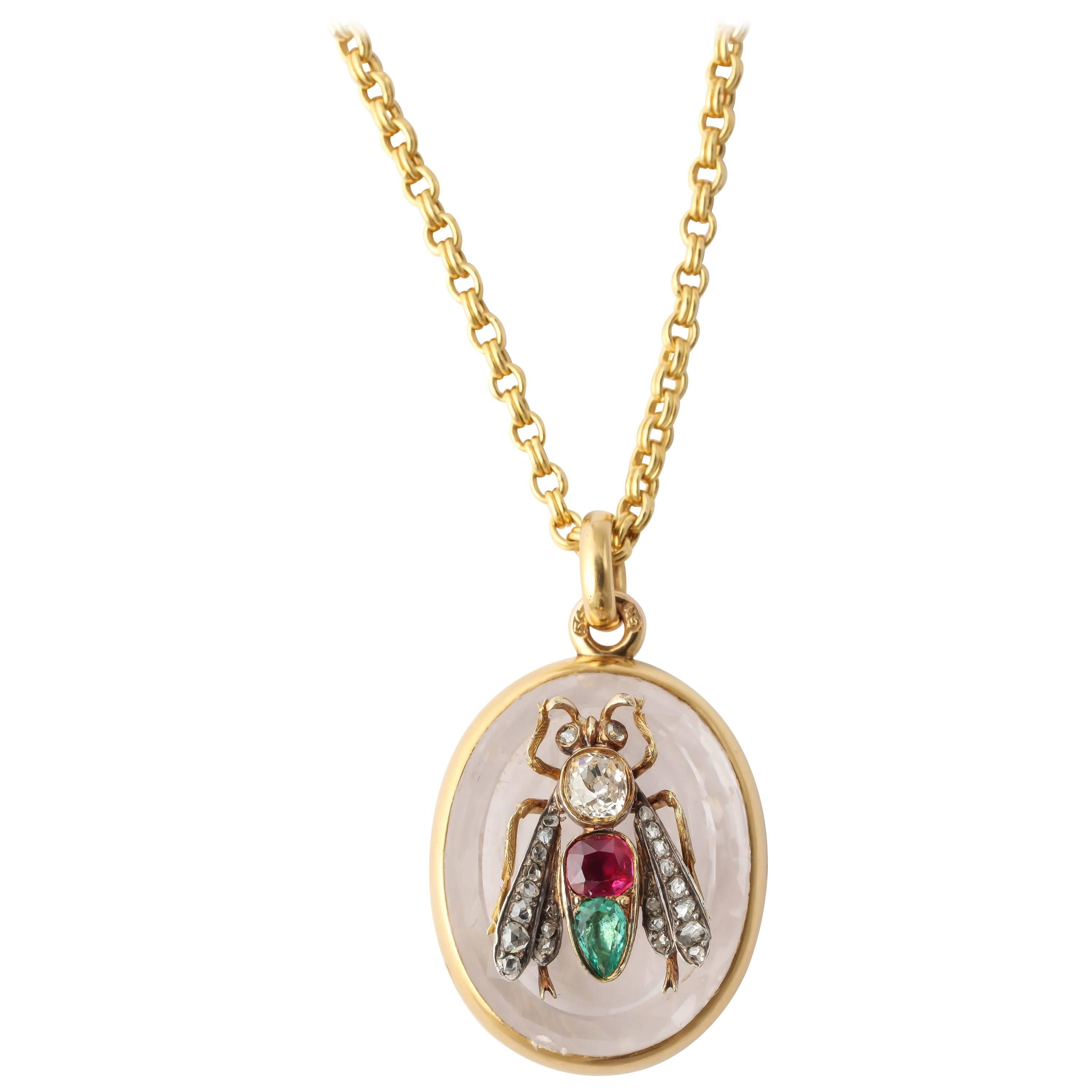 20th Century Ruby Emerald Diamond Gold Fly Locket For Sale