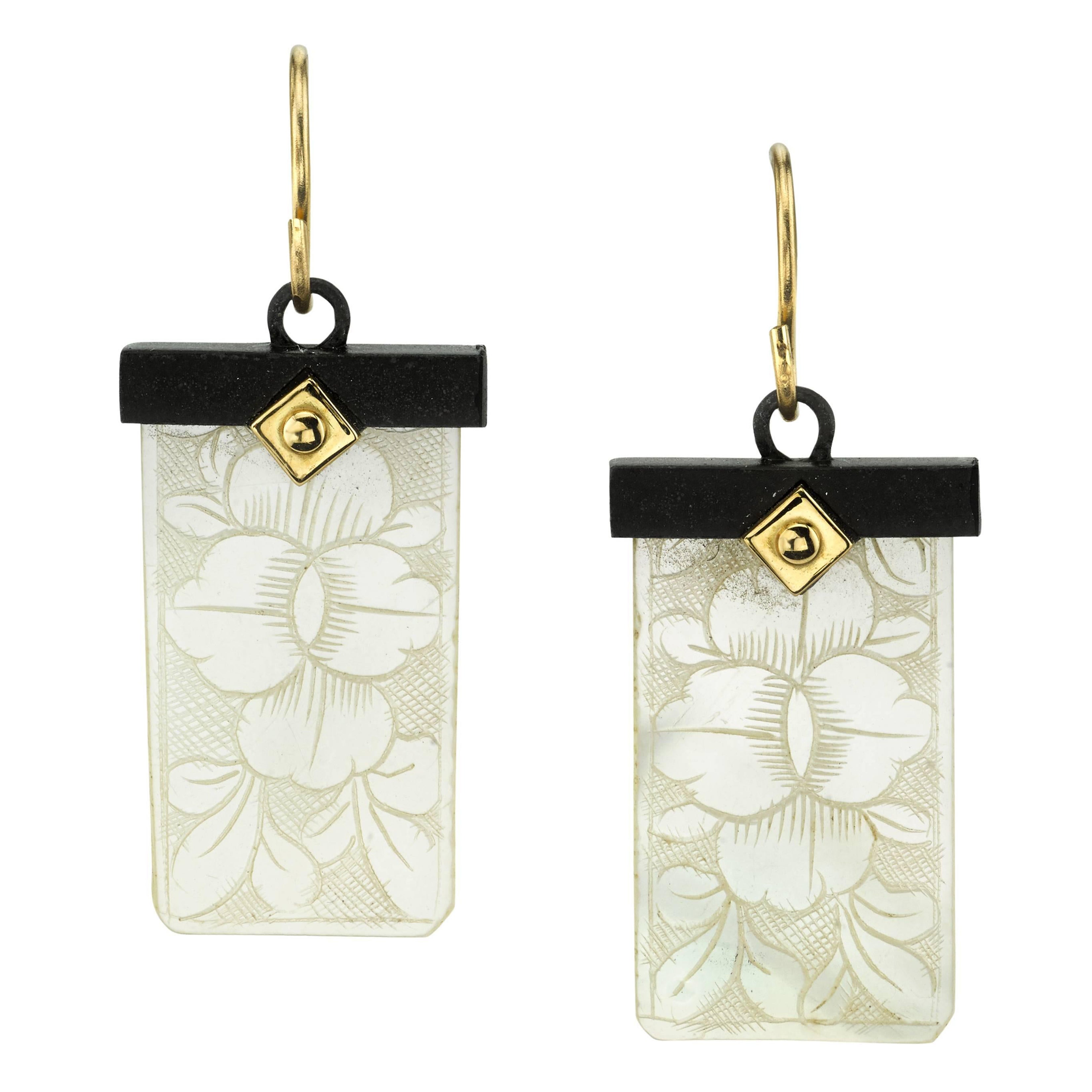 Antique Mother-of-Pearl Gaming Counter 18k Yellow Gold & Silver Dangle Earrings For Sale