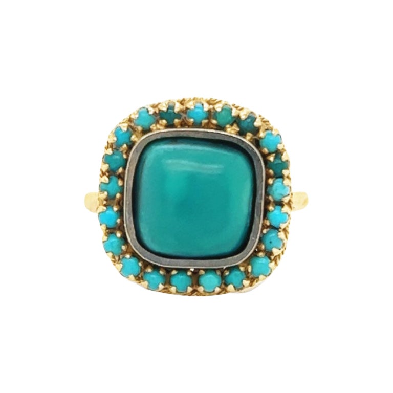 Retro Turquoise Gemstone Cocktail Ring 18k Yellow Gold For Sale
