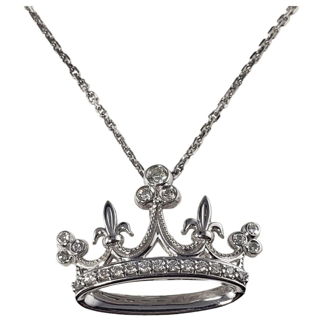 14 Karat White Gold and Diamond Crown Pendant Necklace For Sale