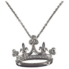 Vintage 14 Karat White Gold and Diamond Crown Pendant Necklace