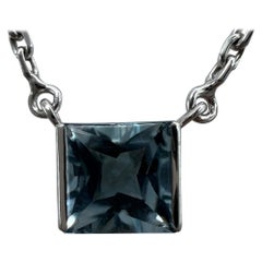 Vintage Cartier Blue Aquamarine Cushion Cut 18k White Gold Tank Pendant Necklace