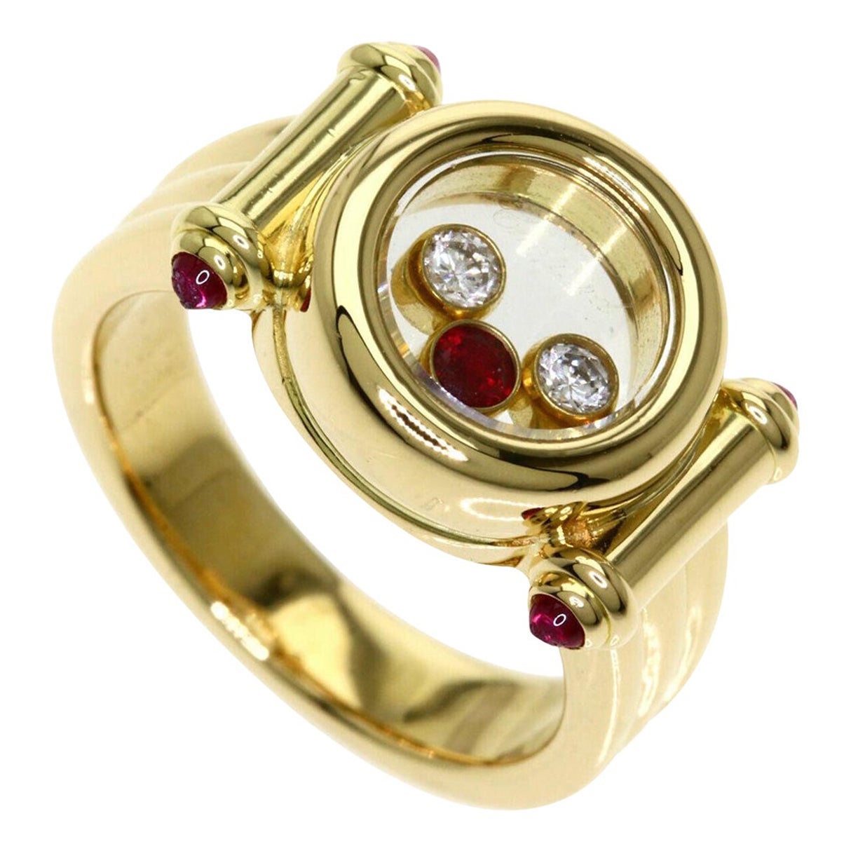 Rare Vintage Chopard Happy Diamonds Ruby & Diamond 18k Yellow Gold Ring with Box