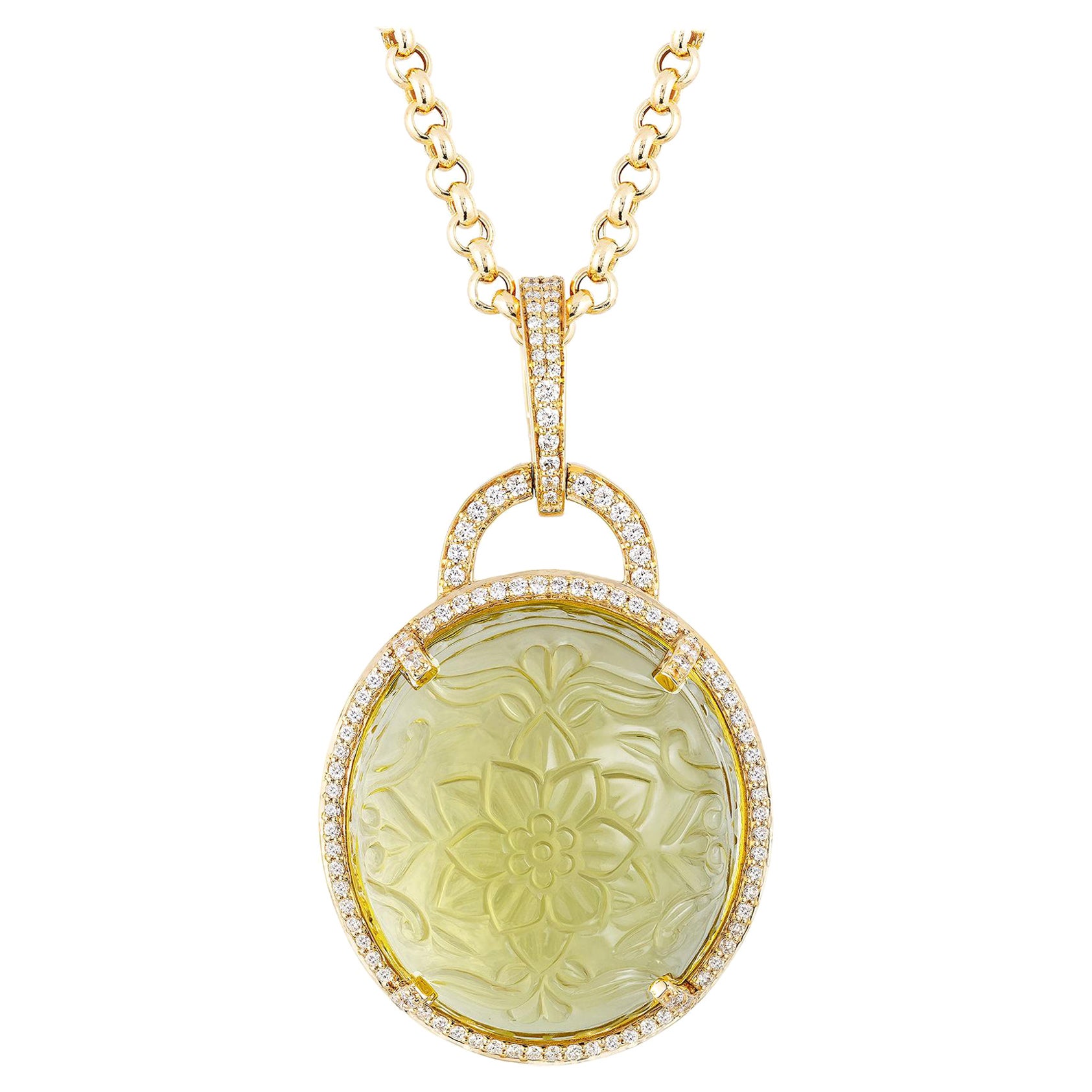 Goshwara Carved Oval Lemon Quartz and Diamond Pendant For Sale