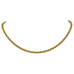 18 Karat Yellow Gold Hollow Ladies Wheat Link Chain Necklace Italy 