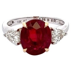 5 Carat Vivid Red Ruby and Diamond Three Stone Ring