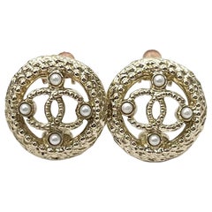 Chanel Gold CC Round Pearl Clip on Earrings