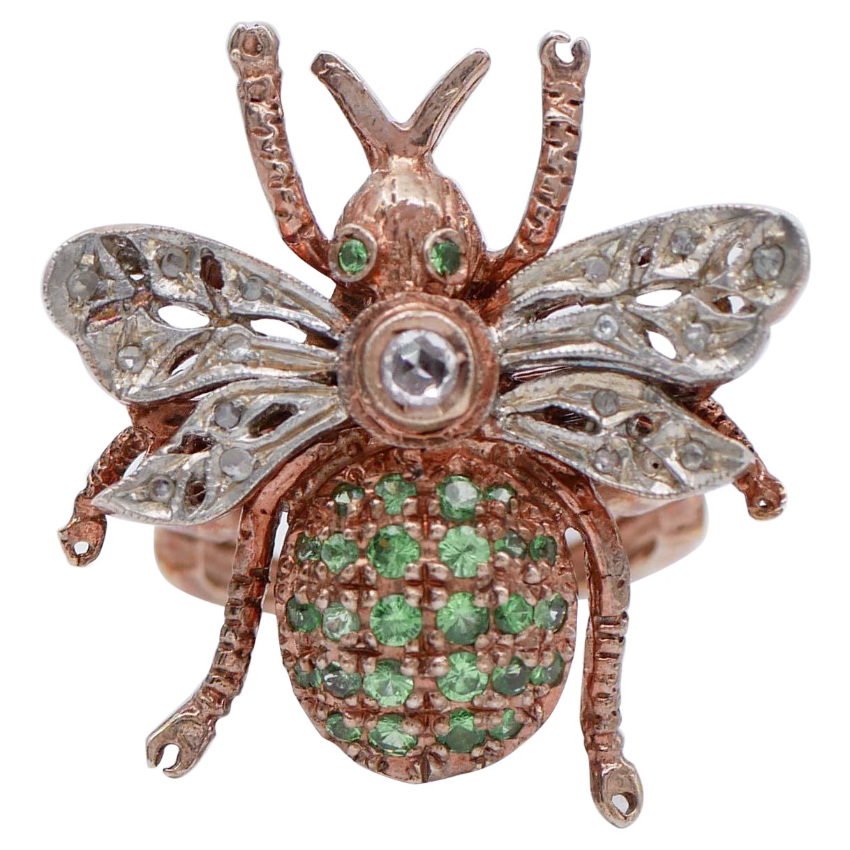 White Sapphire, Tsavorite, Diamonds, Rose Gold and Silver Fly Shape Ring For Sale