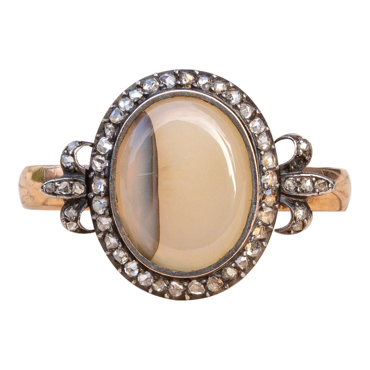 Antiquité, Mid Century Antiques, bague française en agate et diamant taillé en rose, 18K en vente