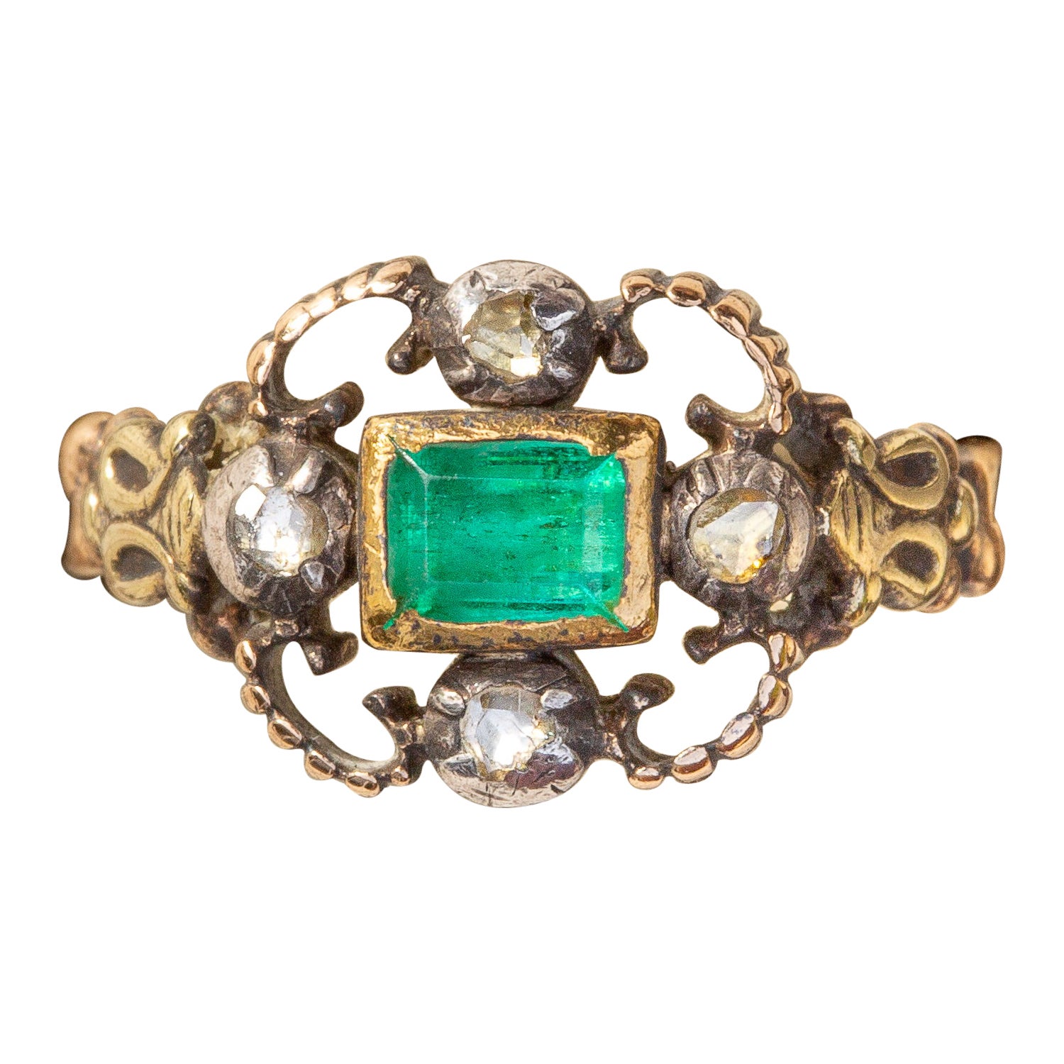 Rare Antique Georgian Late 18th Century Table Cut Emerald and Diamond Ring