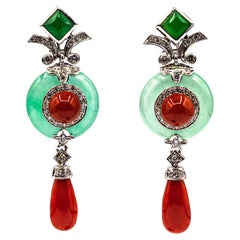 Art Deco Style Mediterranean Red Coral White Diamond Jade White Gold Earrings