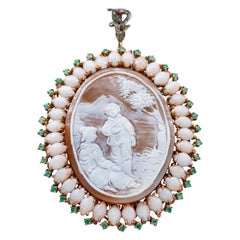 Vintage Coral, Pearls, Diamonds, Rubies, Emeralds, Cameo, Rose Gold and Silver Necklace