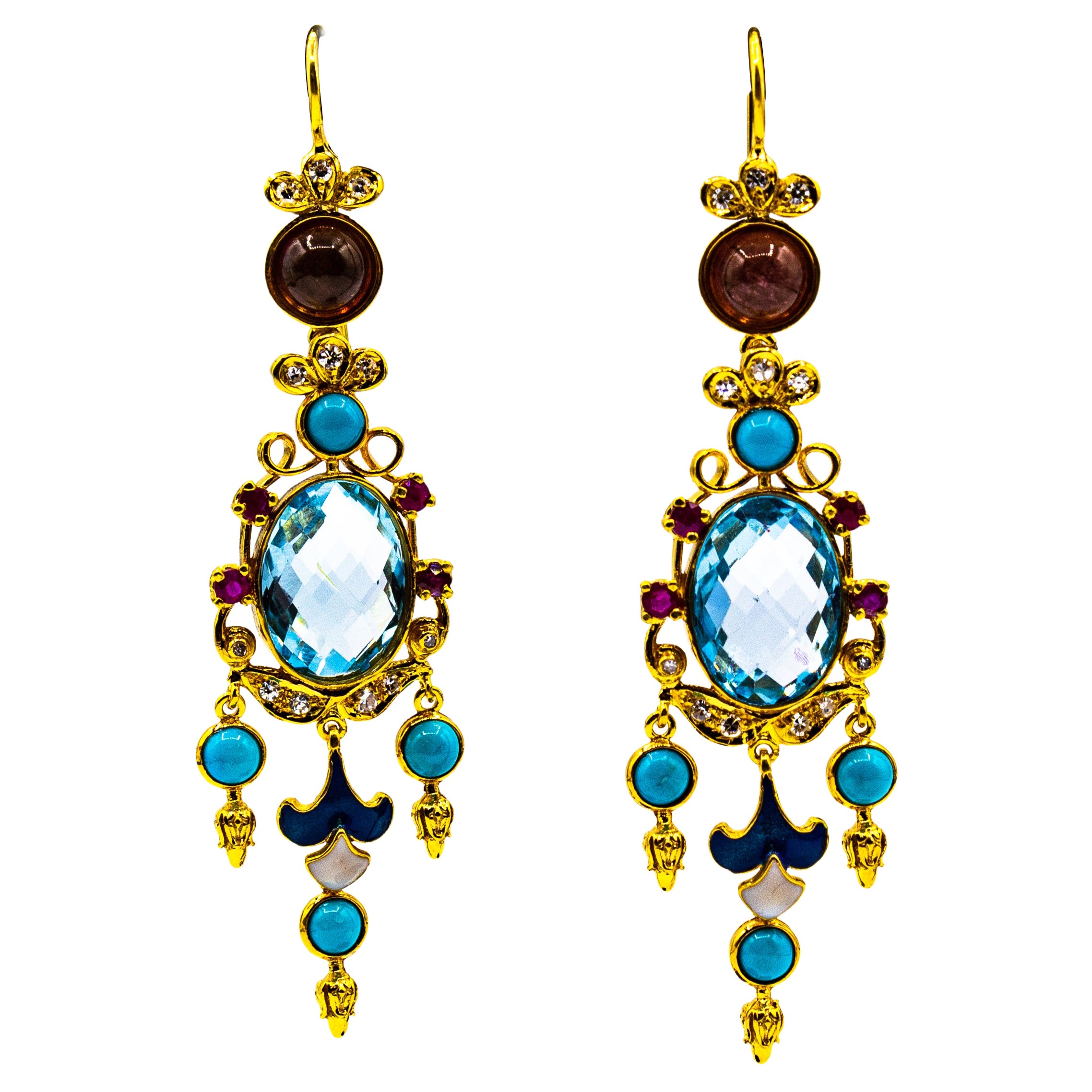 White Diamond Ruby Blue Topaz Turquoise Enamel Tourmaline Yellow Gold Earrings For Sale
