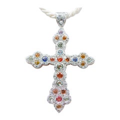 Retro Multicolor Sapphires, Diamonds, Rose Gold and Silver Cross Pendant Necklace