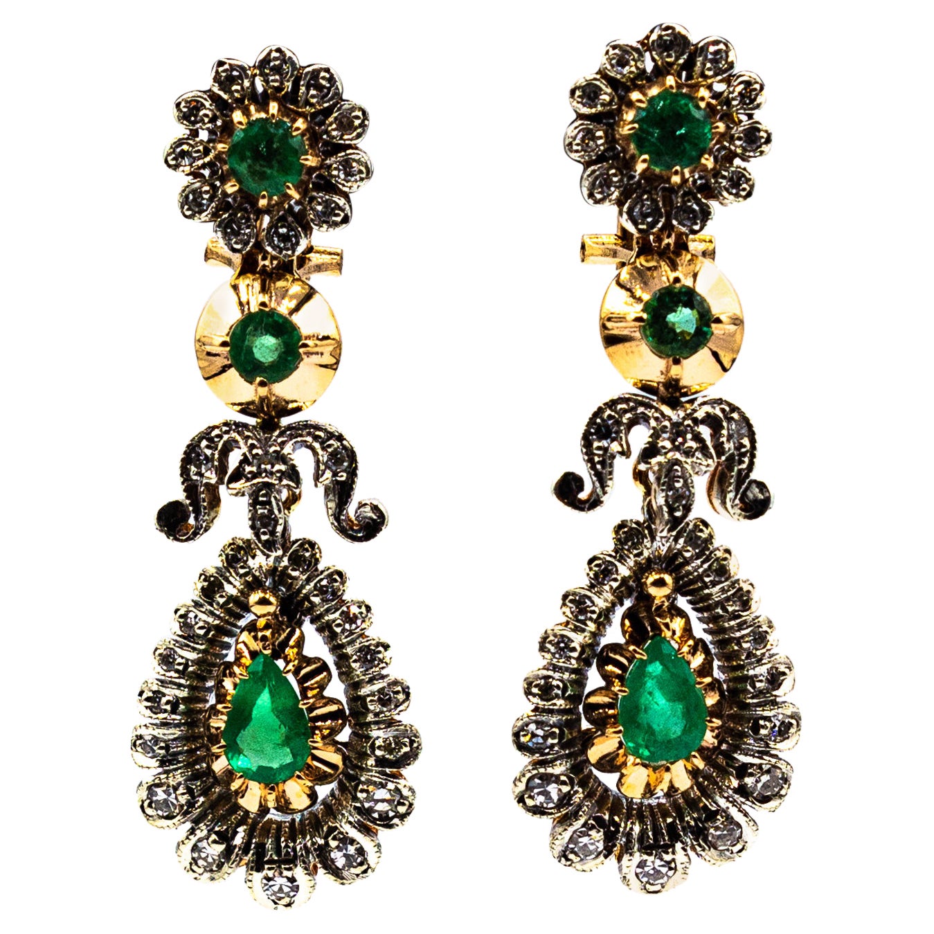 Art Deco Style Handcrafted White Diamond Emerald Yellow Gold Clip-on Earrings