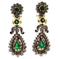 Art Deco Style Handcrafted White Diamond Emerald Yellow Gold Clip-on Earrings