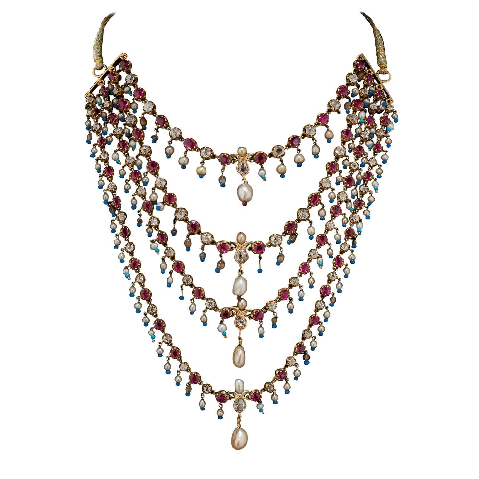 Antique Indian Pearl Ruby Diamond Four Strand Necklace For Sale