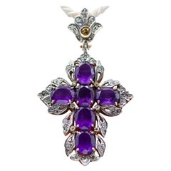 Vintage Amethyst, Topaz, Diamond, Rose Gold and Silver Cross Pendant Necklace