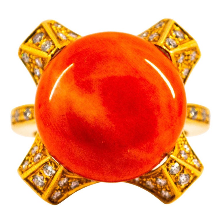 Art Deco Style 0.60 Carat White Diamond Mediterranean Coral Yellow Gold Ring For Sale