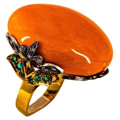 Art Nouveau White Diamond Mediterranean Coral Emerald Yellow Gold Cocktail Ring