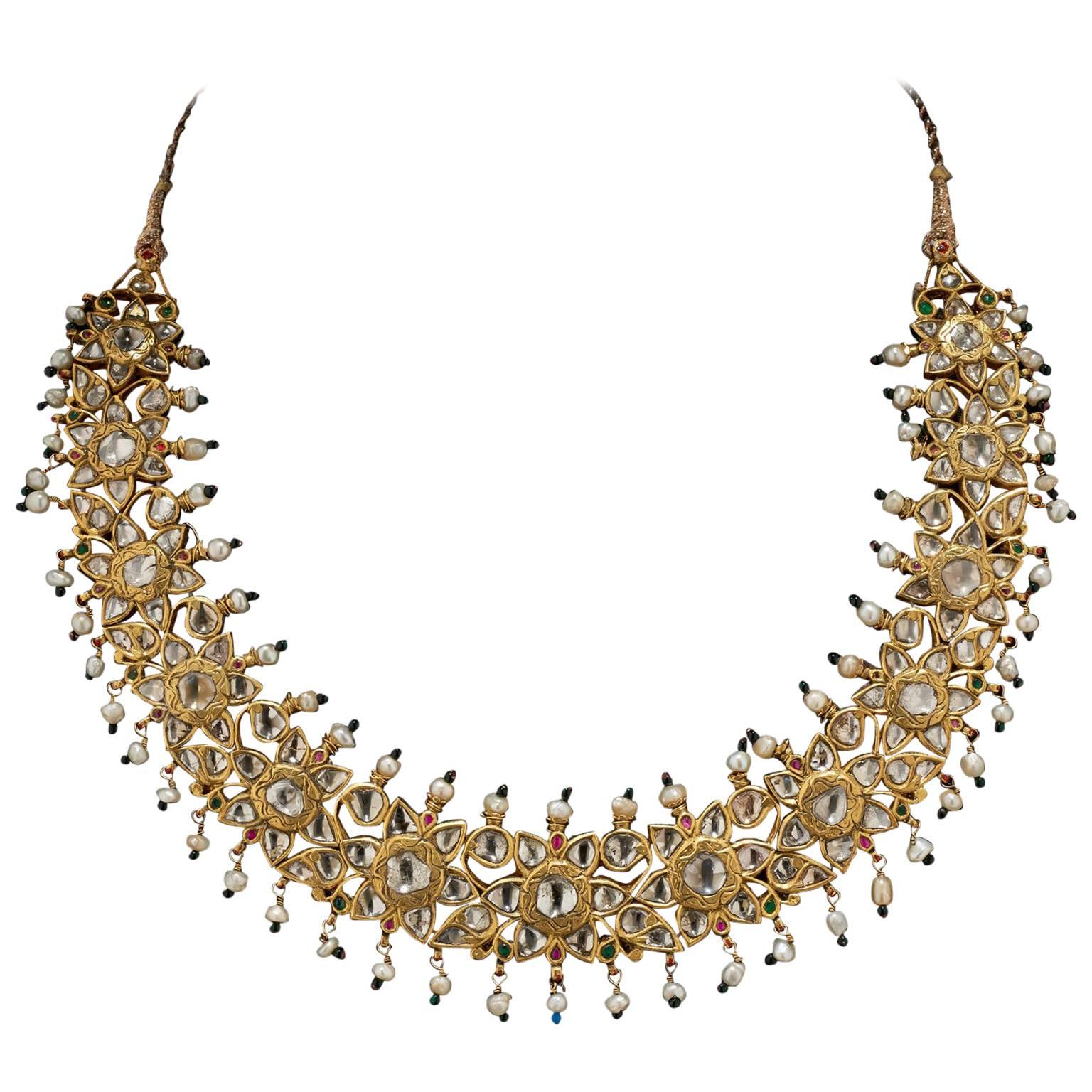 Pearls Diamonds Gold Indian Necklace   For Sale