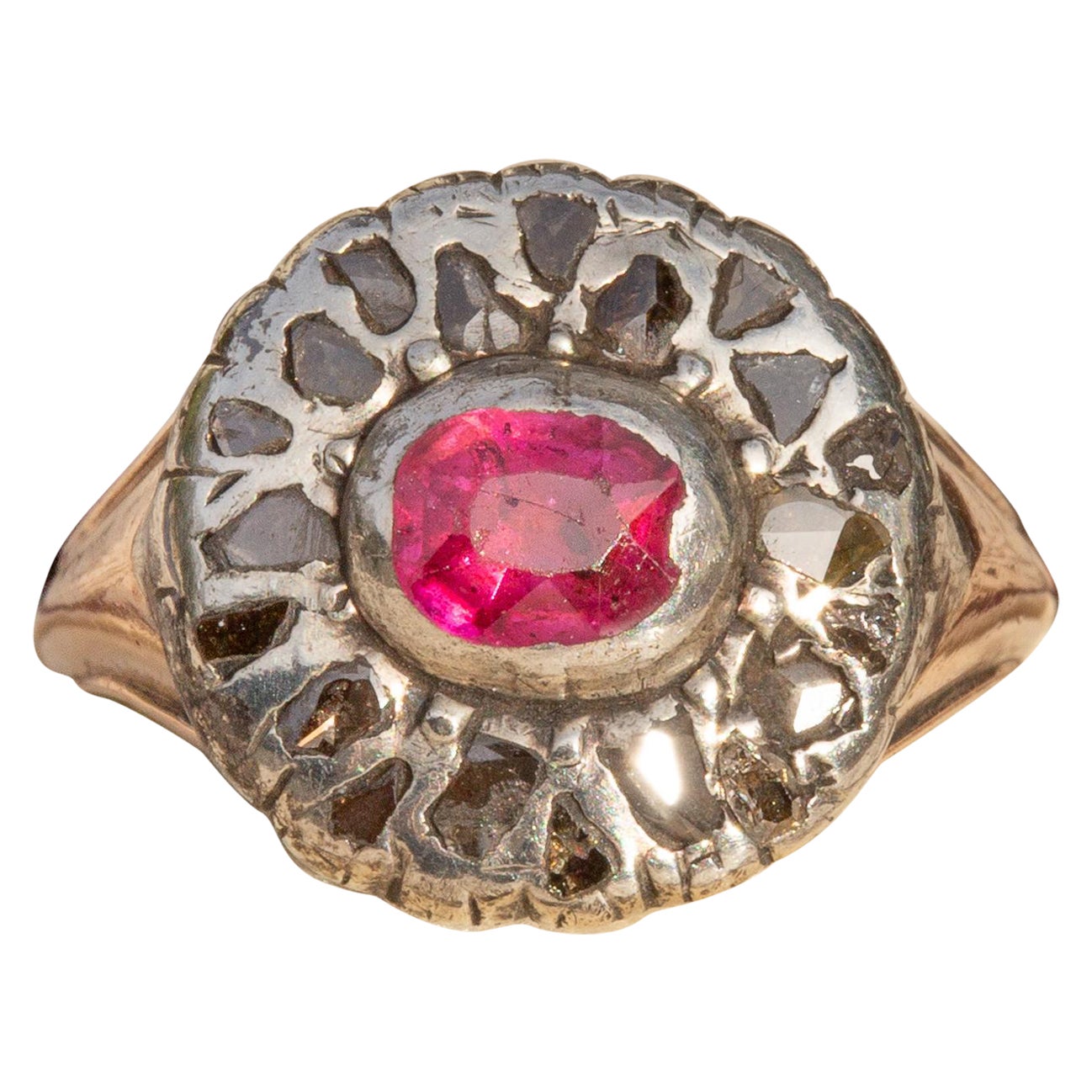 Scarce Antique Georgian Pink Ruby and Diamond Floral Cluster Ring c 1800 Italian For Sale