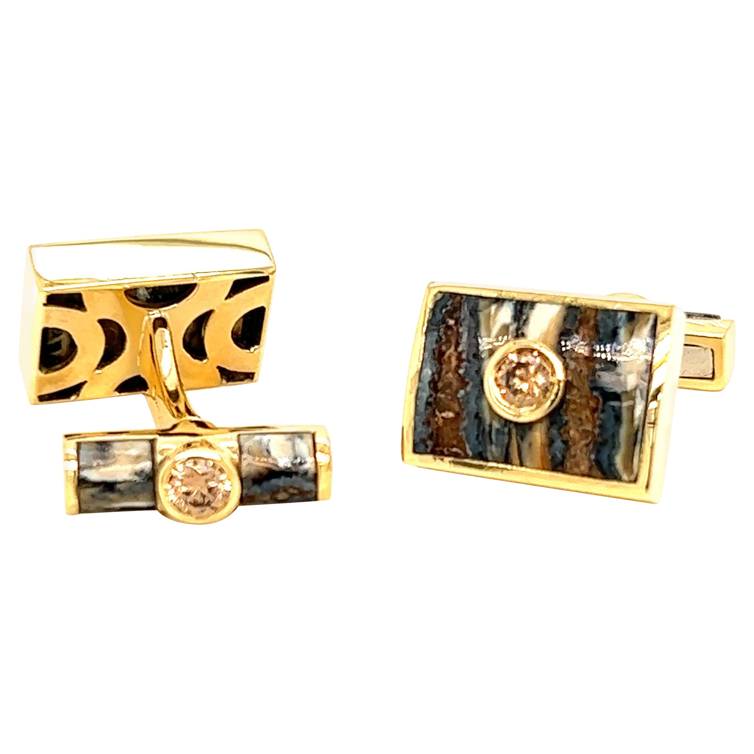 18k Yellow Gold Cufflinks Fossilized Mammoth Tooth 1.07tct Bronze Diamonds For Sale