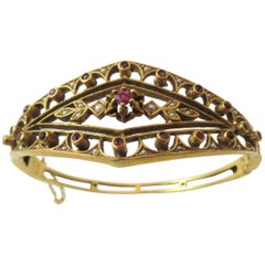 Vintage Seed Pearl Ruby Gold Hinged Bangle Bracelet