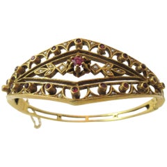 Seed Pearl Ruby Gold Hinged Bangle Bracelet