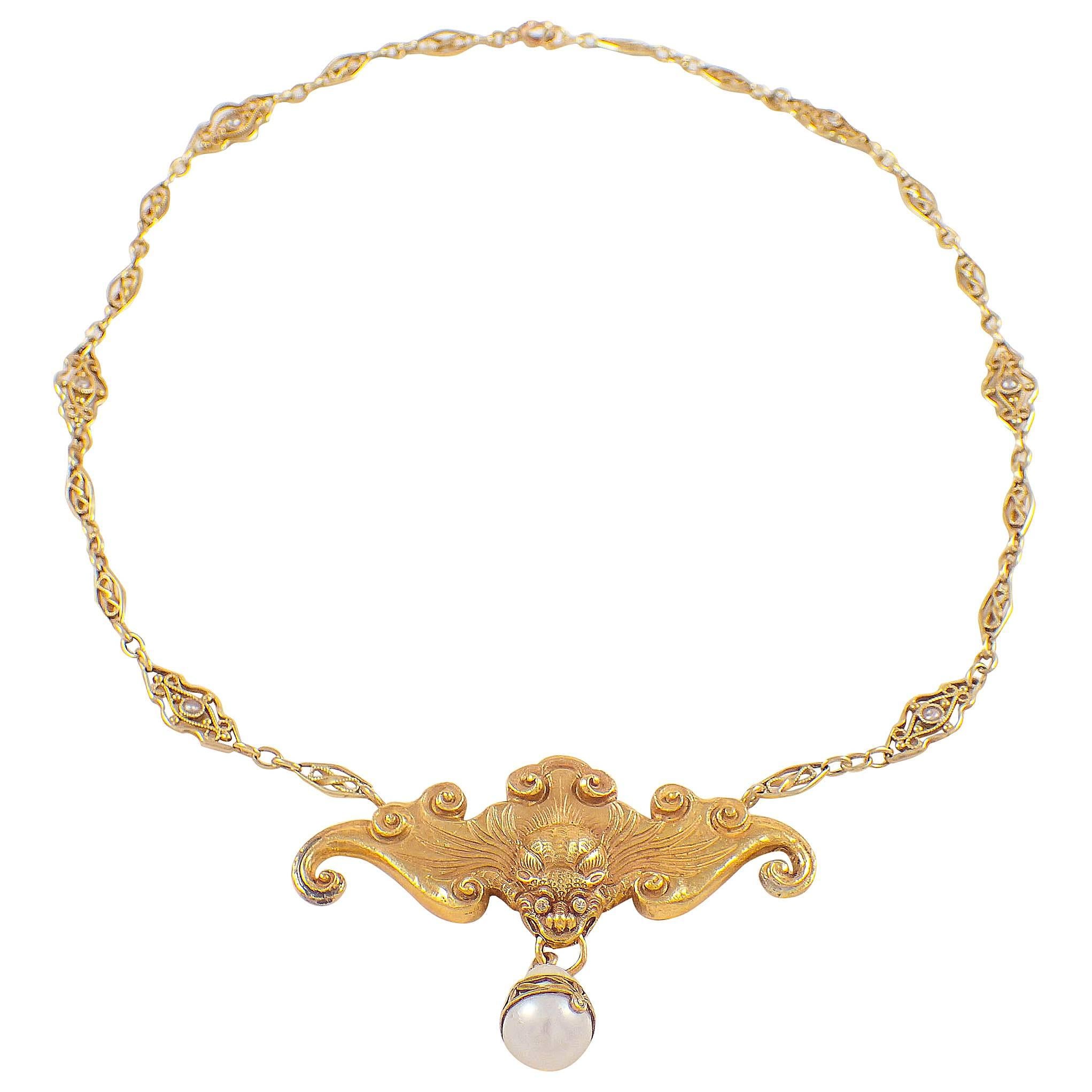 Art Nouveau Pearl Gold Bat Necklace For Sale