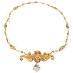 Art Nouveau Pearl Gold Bat Necklace 