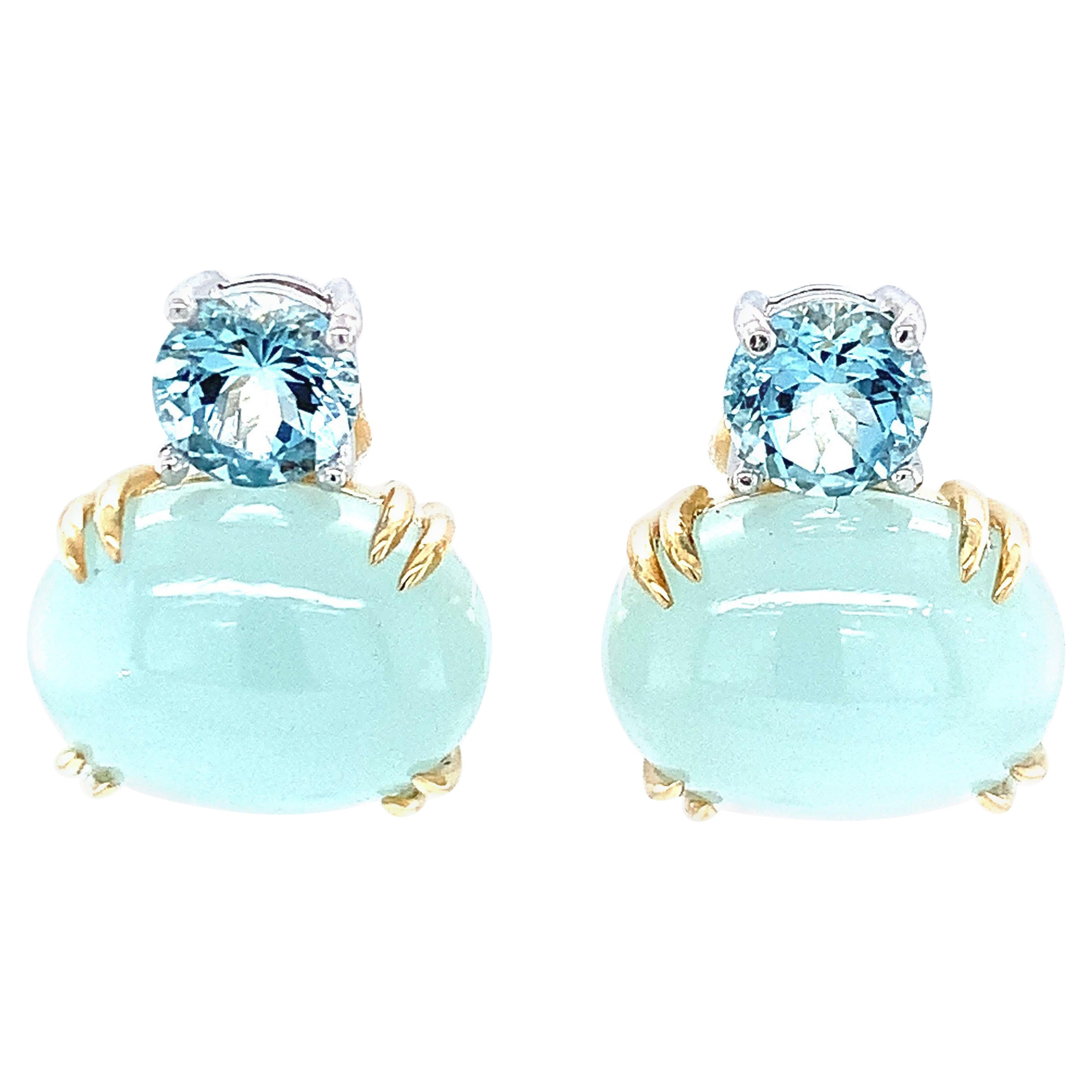 Faceted and Cabochon Aquamarine Drop Earrings in White and Yellow Gold
