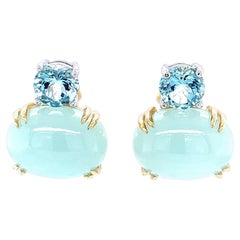 Faceted and Cabochon Aquamarine Drop Earrings in White and Yellow Gold
