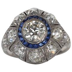 1920s Art Deco 1.10 Carat Old European Diamond Sapphire Platinum Engagement Ring