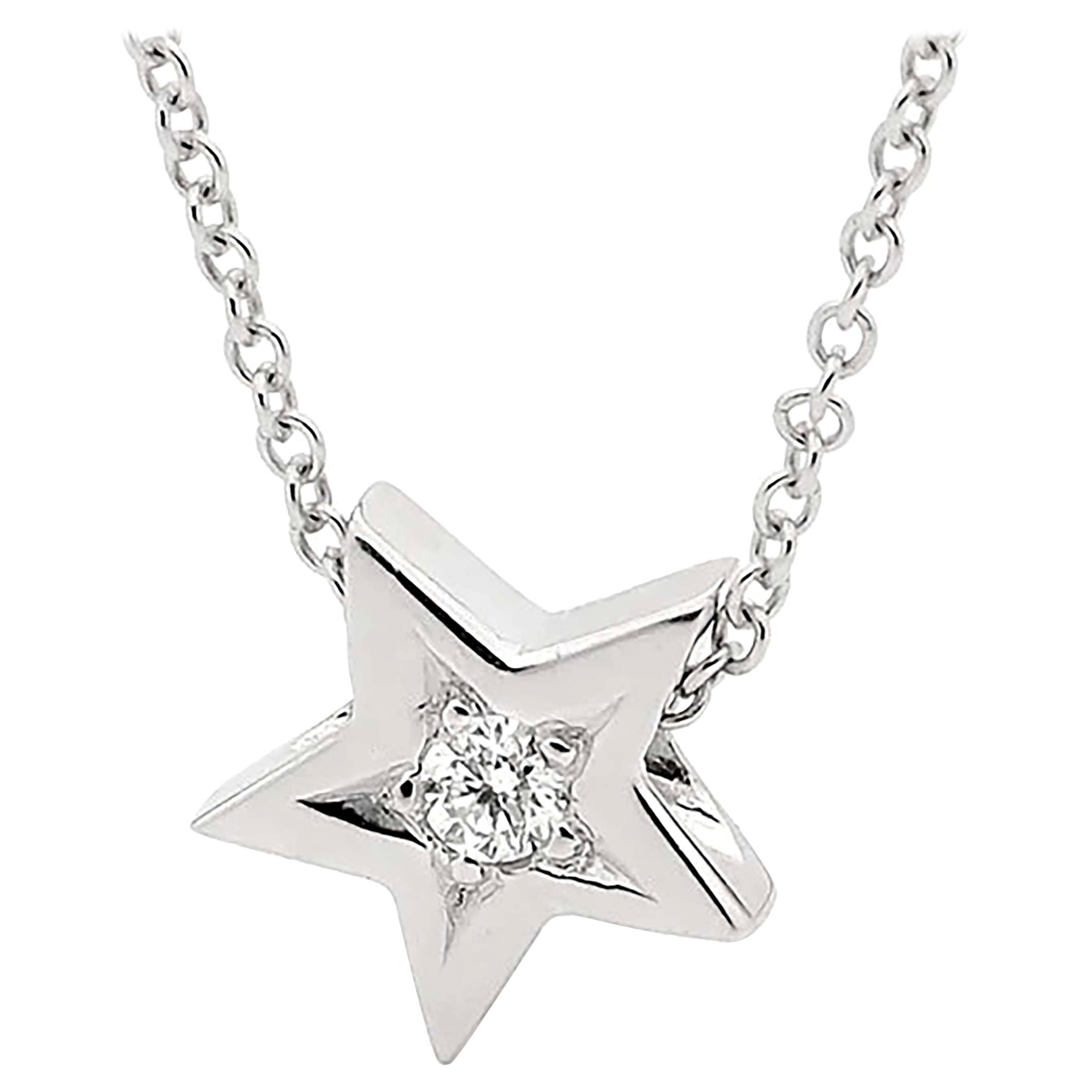 Solid 9k White Gold Brilliant Cut Diamond Small Star Necklace  For Sale