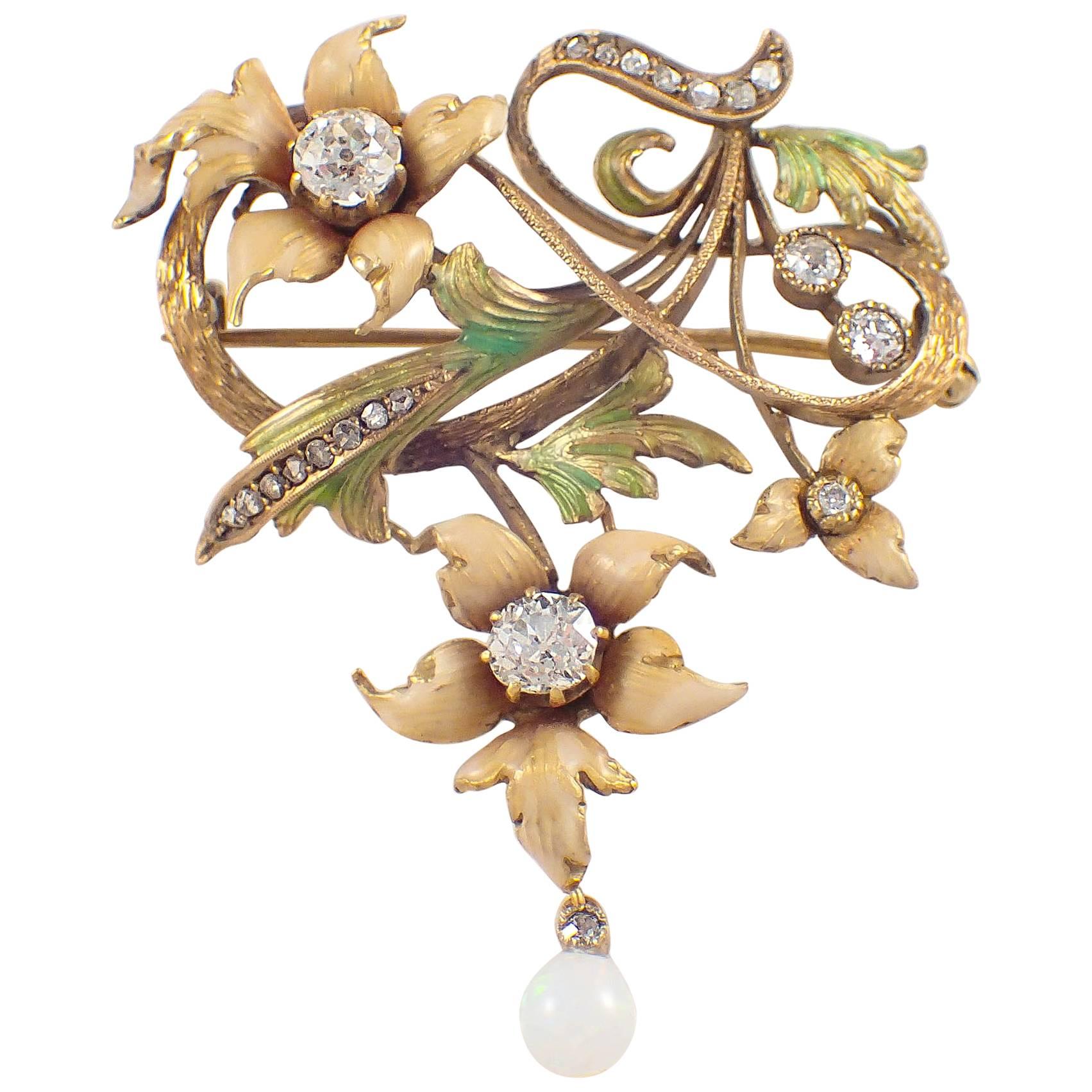 Art Nouveau Enamel Opal Diamond Gold Brooch For Sale