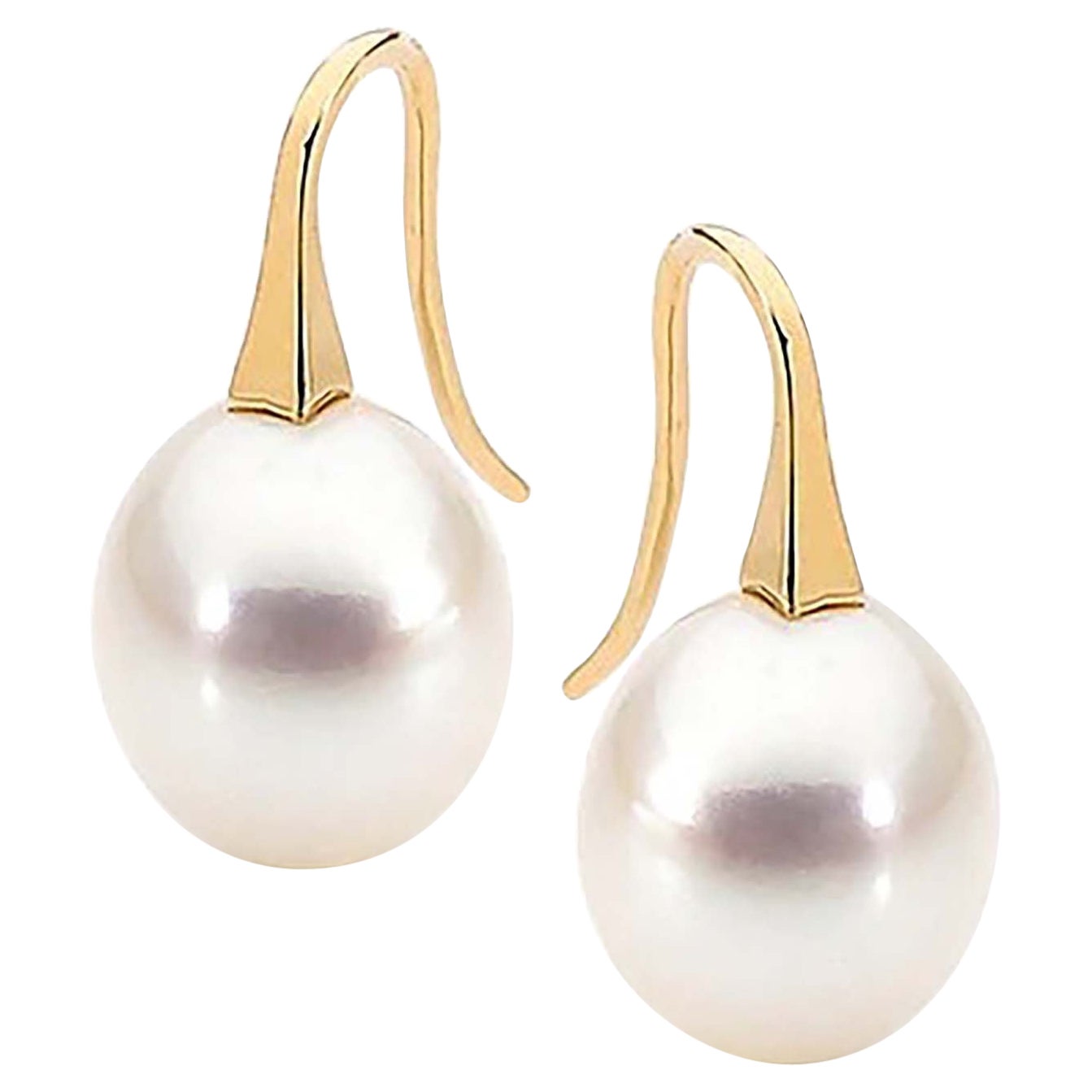 9k Yellow Gold White Large Natural Freshwater Pearl Drop Earrings For Sale
