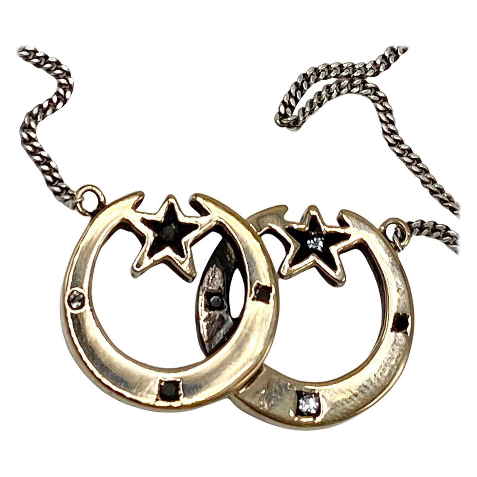 J Dauphin Collier aigue-marine et diamant noir, pendentif étoile de lune en or et chaîne en argent