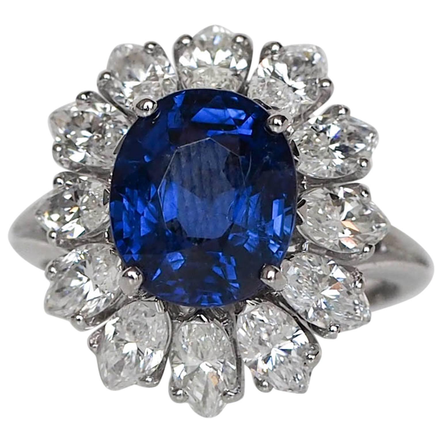 1950s 4.40 Carat AGL Certified Burma No Heat Sapphire Diamond Platinum Ring