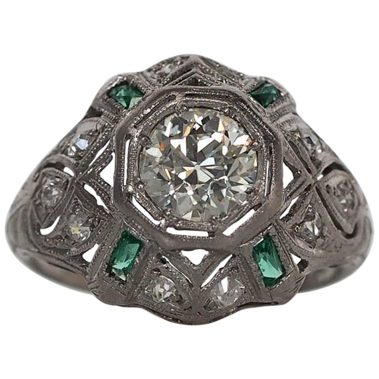 1920s Art Deco .91 Carat Old European Diamond Emerald Platinum