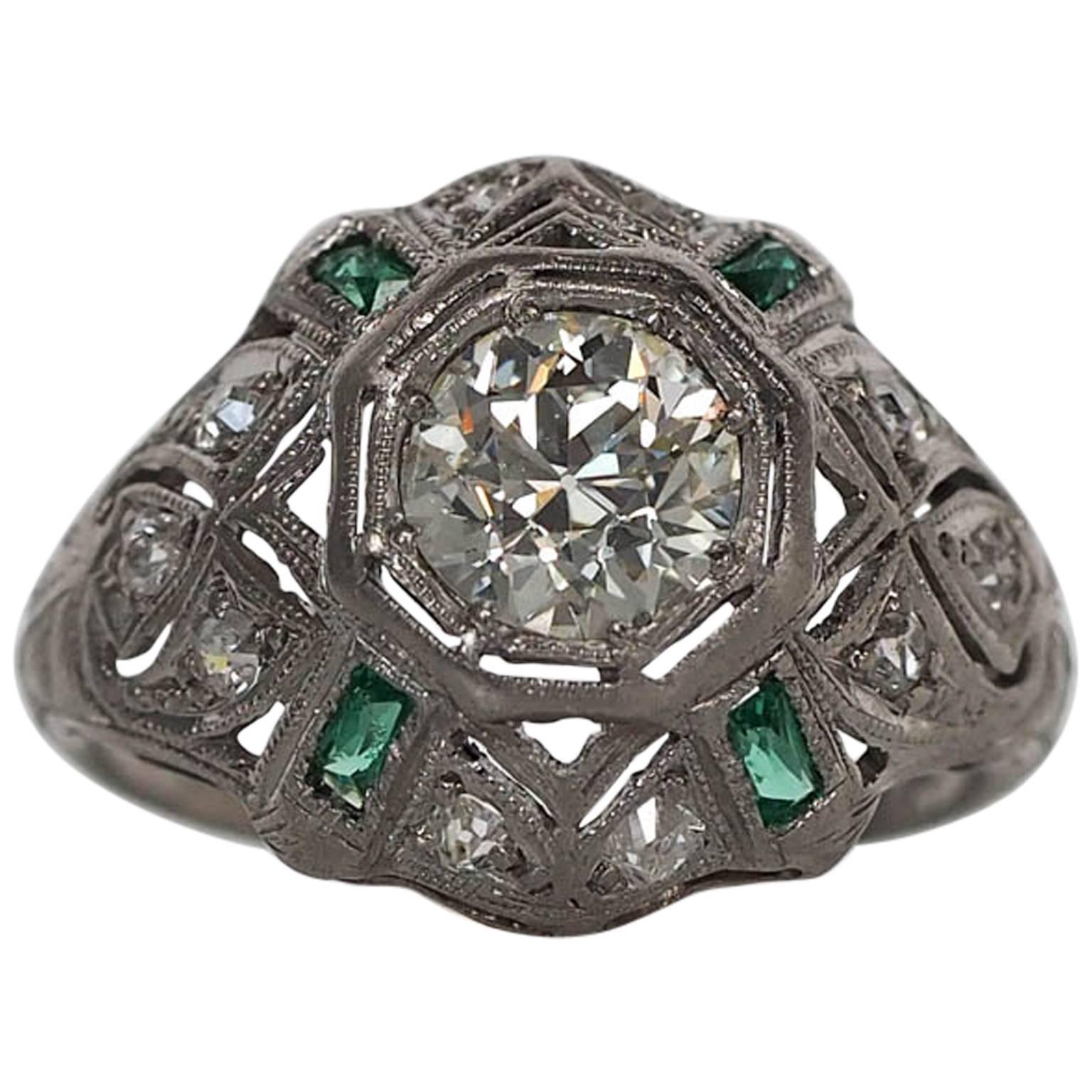 1920s Art Deco .91 Carat Old European Diamond Emerald Platinum Engagement Ring