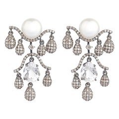 20.10 Carat Diamond, Pearl, and White Sapphire Dangle Earrings in Art-Deco Style